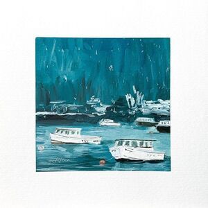 8x8 Maine Original Oil Painting Sailboats in a New England Harbor Winter Signed